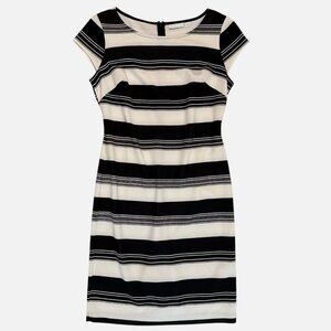 Women's Medium Black White Stripe Career Knee Shift Cap Sleeve Stretch Dress